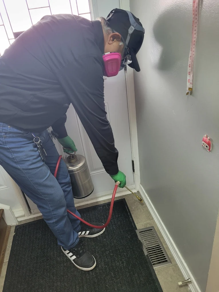 Technician applying targeted pest treatment indoors